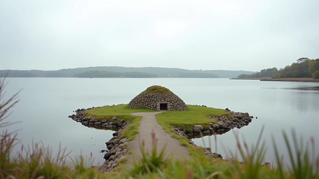 Crannog island archaeological site visible from water with cycling path approach