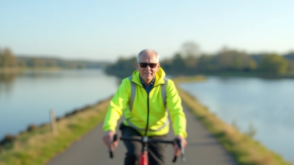 Cyclist wearing sun protection gear and windproof jacket on open path near water