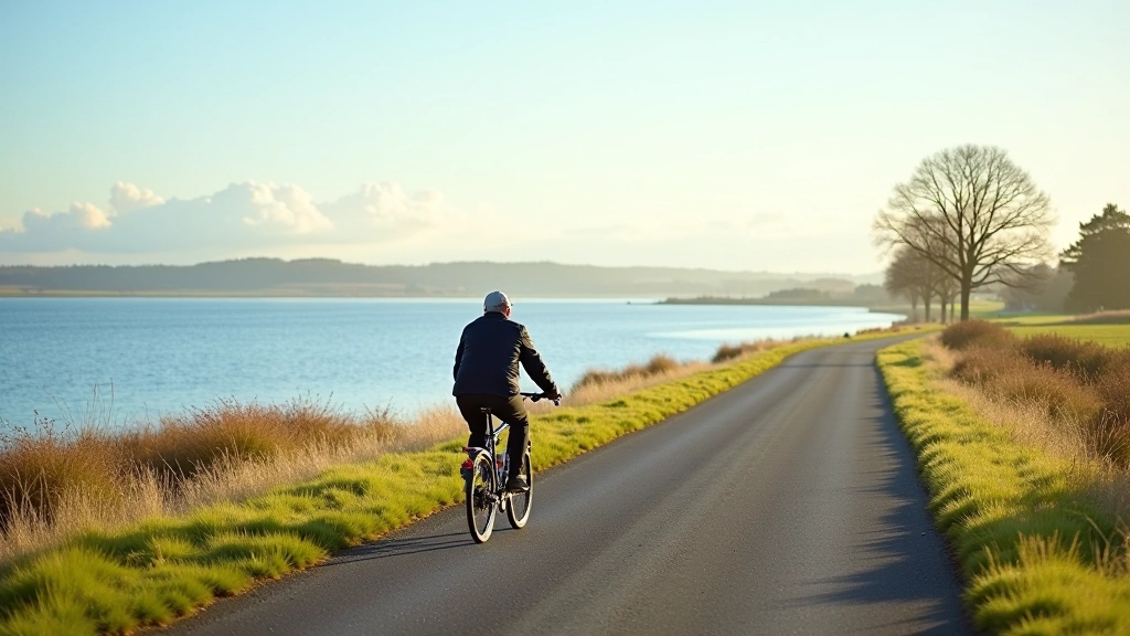 Cyclist on quiet lakeshore cycling path with water views and distant archaeological site