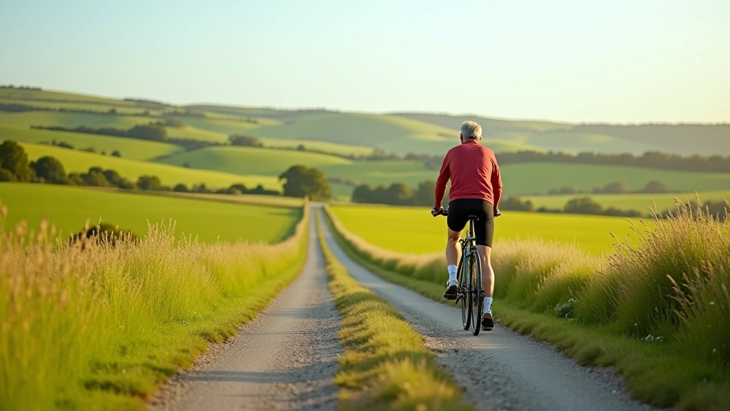 Cyclist on rural path with countryside hills and open landscape