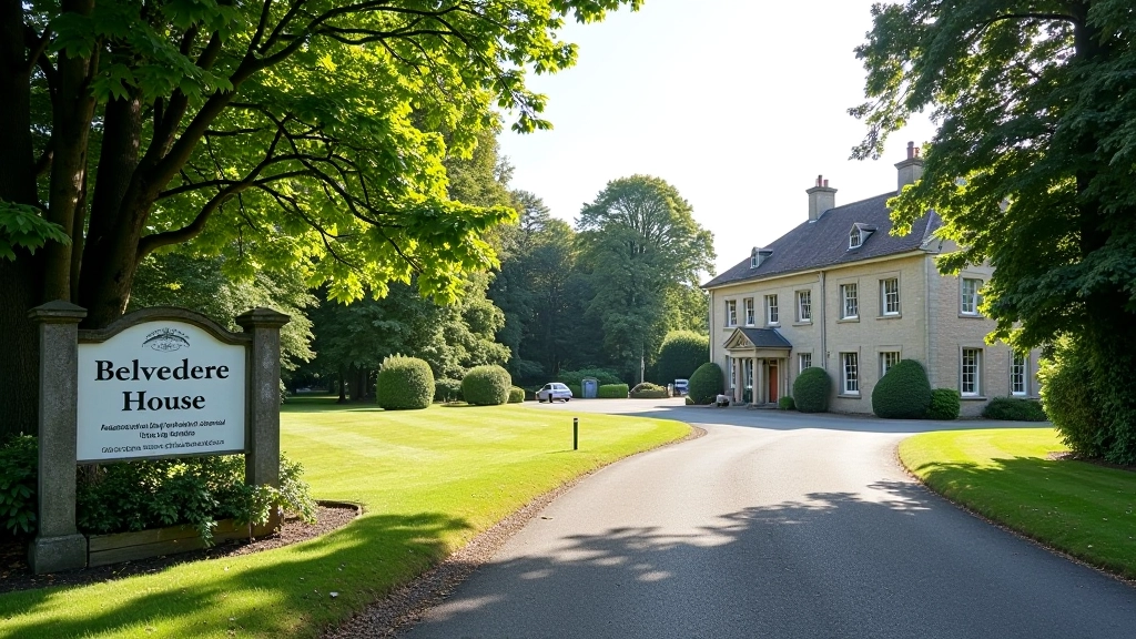 Entrance to Belvedere House estate with car park and visitor information center visible