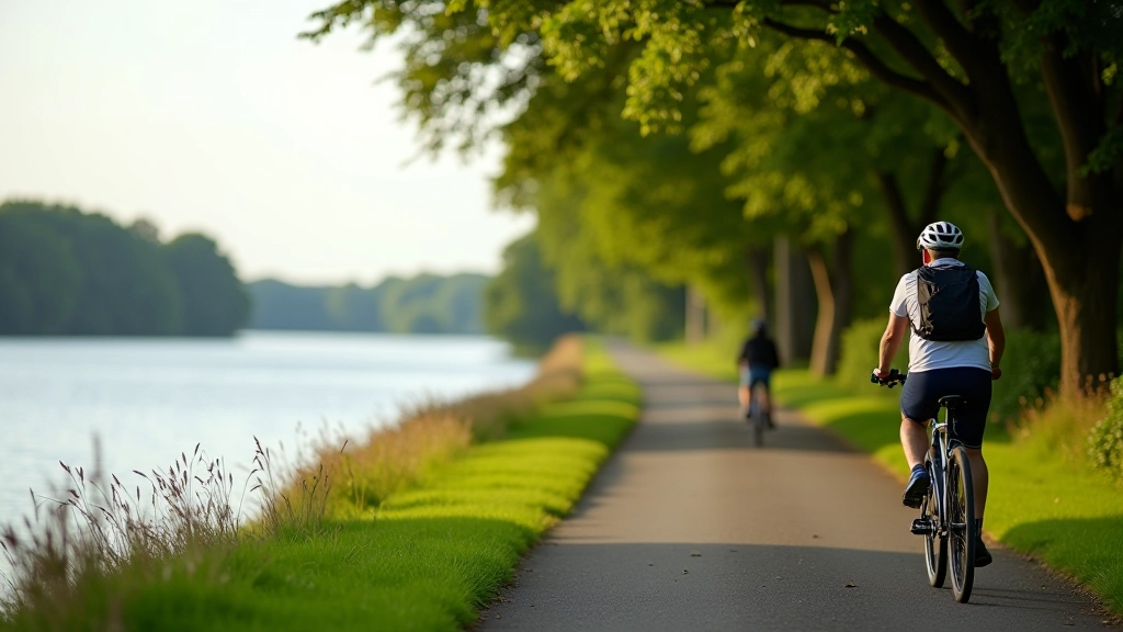Scenic lakeside cycling path with water views and native trees bordering the trail
