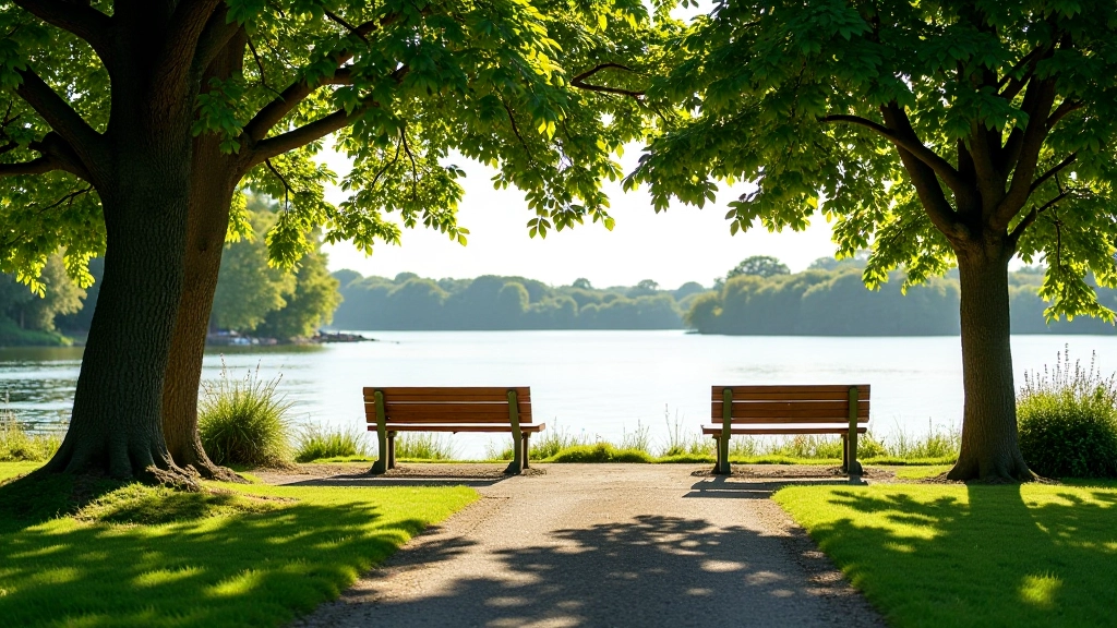 Scenic rest spot near water with benches and shade trees perfect for cyclist breaks