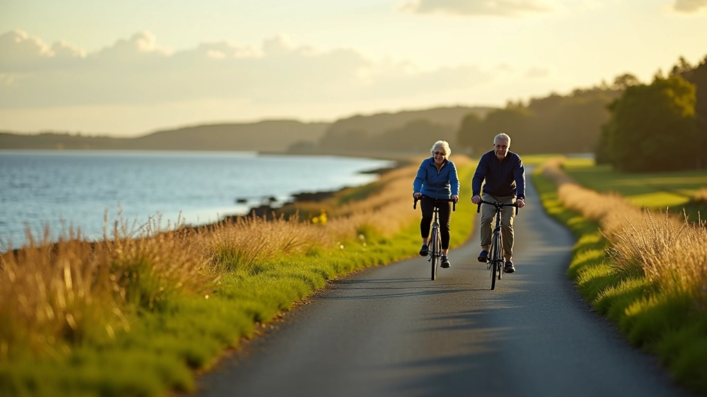Cyclists riding along the peaceful Lough Ennell shore road with water views